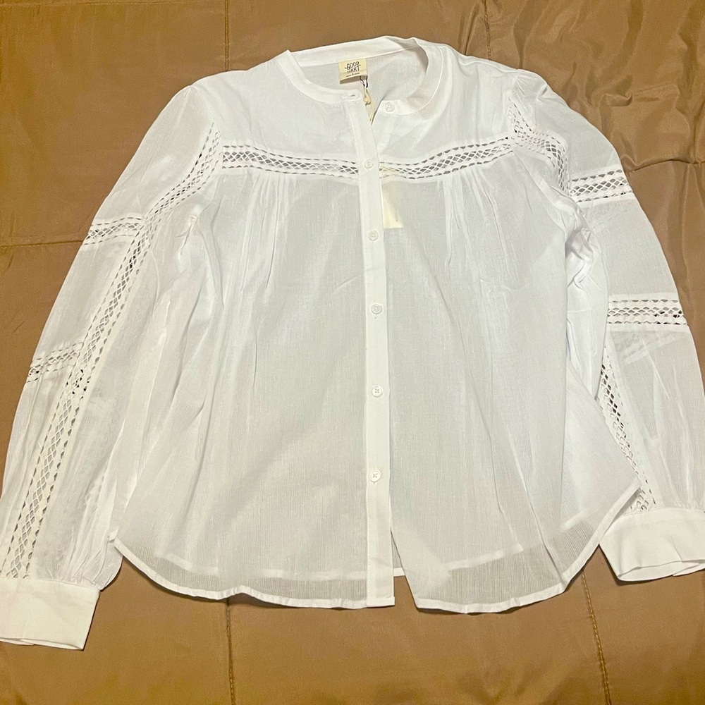 White Button-Up Blouse with Lace Details